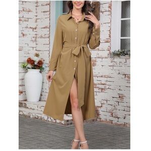 Women’s Tan Button-Front Shirt Dress | Tie Waist Midi | Long Sleeve Small
